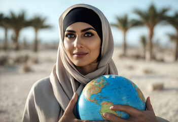 'middle east environment Woman's globe Arab earth concept empowerment day conservation Activist female standing confident woman looks movement world Feminist Background Vector Woman Banner Isolated'