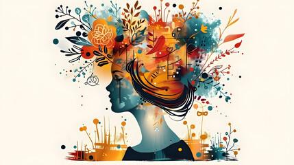 Silhouette of a woman with abstract floral design, vibrant colors, ideal for art, therapy, and wellbeing-related uses.