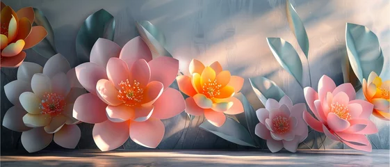 Foto op Canvas Water lilies and lotus flowers bloom beautifully in the serene pond, surrounded by nature's vibrant hues of pink and orange under the clear blue sky of summer © Nuntapuk