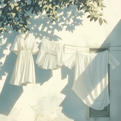 Bright and Cheerful Sunlit Laundering Scene with White Clothes Dancing in the Wind