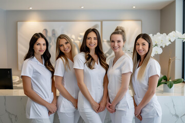 Photography of aesthetic canadian team therapists in beauty center.