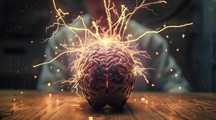 Illustration of a brain with electric shocks, symbolizing neurological activity, suitable for epilepsy awareness or medical education. - obrazy, fototapety, plakaty