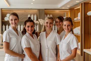 Photography of aesthetic german team therapists in beauty center.