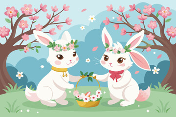 Two rabbits making flower crowns under a cherry blossom tree