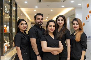 Photography of aesthetic pakistani team therapists in beauty center.