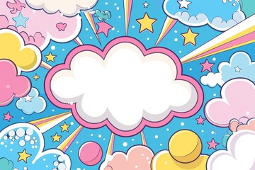 A blank speech bubble in a vibrant cartoon style, bursting with colorful clouds, stars, bubbles, and rainbows, all set against a playful background of pink, blue, yellow, and white