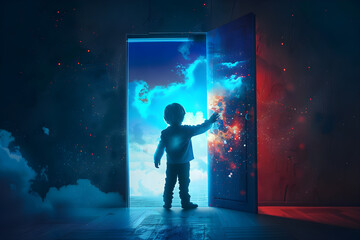A young child stands before an open door leading to a vibrant, surreal world, evoking concepts of autism awareness and imagination. - obrazy, fototapety, plakaty