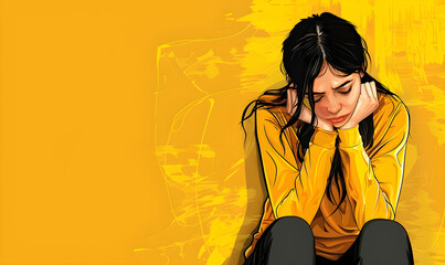 Digital illustration of a thoughtful woman in a minimalist yellow setting, conveying sadness or contemplation. - obrazy, fototapety, plakaty