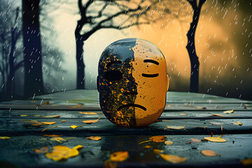 Split mask on a rainy autumn background symbolizing duality and the changing seasons, possibly relating to themes of identity and mental health. - obrazy, fototapety, plakaty
