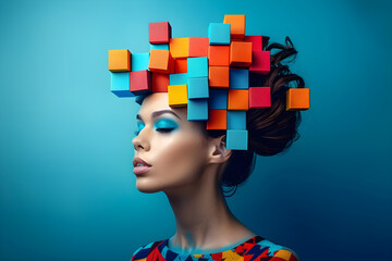 Portrait of a beautiful young futuristic woman with colorful blocks on her head against a blue background, conceptually evoking thoughts and artificial intelligence.