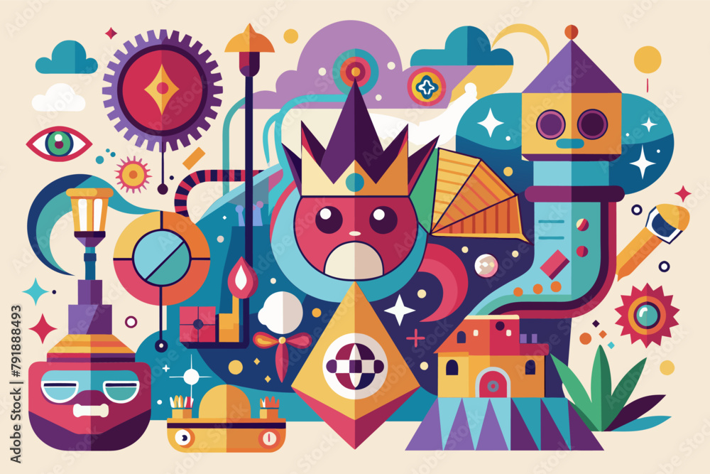 Poster whimsical play of abstract symbols and icons