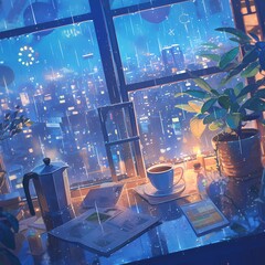 An inviting coffee shop scene on a rainy city night, with warm light and comforting elements.