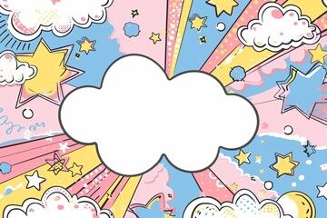 A cheerful cartoon speech bubble with a blank center, surrounded by a delightful explosion of pink, blue, yellow, and white clouds, stars, bubbles, rainbows, and shooting rays