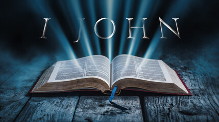The book of 1 John. Open bible with blue glowing rays of light. On a wood surface and dark background. Related to this book: Love, Light, Fellowship, Truth, Assurance, Belief, eternal life, Antichrist - obrazy, fototapety, plakaty