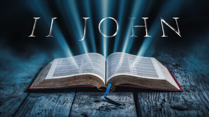 The book of 2 John. Open bible with blue glowing rays of light. On a wood surface and dark background. Related to this book: Truth, Love, Commandments, Deception, Antichrist, Walking, Abide, Greeting