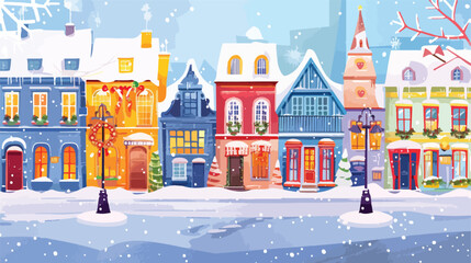 Winter city with houses in snow decorated for Christmas