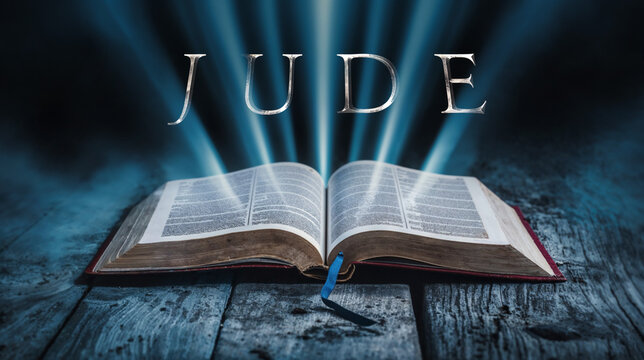 The book of Jude. Open bible with blue glowing rays of light. On a wood surface and dark background. Related to this book: Warning, Apostasy, False Teachers, Judgment, Faith, Contend, Grace, Truth