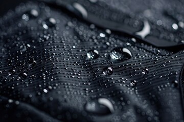 Black waterproof fabric with water drops - obrazy, fototapety, plakaty