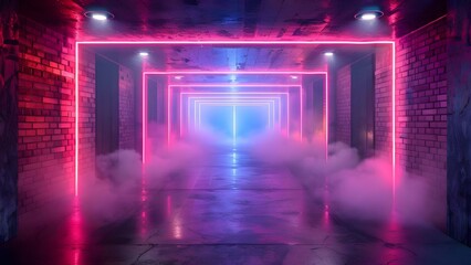 Neonlit retro hallway with fog brick walls, spotlights, and concrete floor: Aesthetic Description. Concept Neon Lights, Retro Vibes, Brick Walls, Spotlights, Concrete Floor - obrazy, fototapety, plakaty