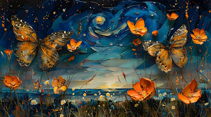 Fine Art in Flight: Butterflies with Starry Night Wings Over Meadow in Oil