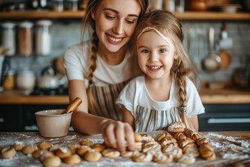 A smiling woman and her little girl enjoy making cookies together in the kitchen, covered in flour