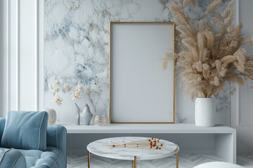 Frame mockup in stylish modern interior of living room with trending home accessories, marble coffee table, dried flowers, and blue sofa.