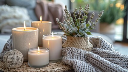 A cozy still life of candles and a vase of lavender on a soft, knitted blanket.