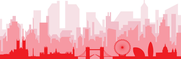 Red panoramic city skyline poster with reddish misty transparent background buildings of LONDON, UNITED KINGDOM