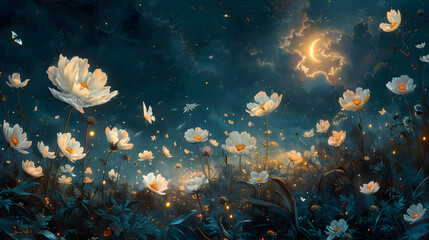 Velvet Night Glow: Crescent Moon Shines on Flowers and Butterflies in Oil - obrazy, fototapety, plakaty