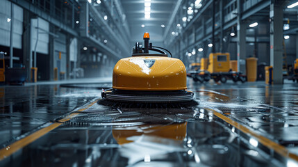 Industrial cleaning machine on shiny factory floor after maintenance - obrazy, fototapety, plakaty