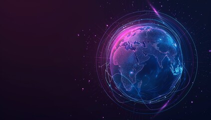 Obraz premium A globe with purple and blue lines around it, with the Earth at its center The background is a dark navy blue, creating an atmosphere of technology and global network Generative AI
