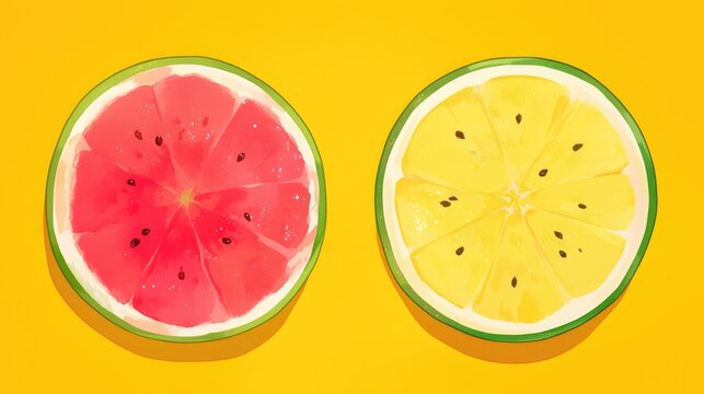 Two juicy watermelons one round and the other yellow sliced neatly down the middle