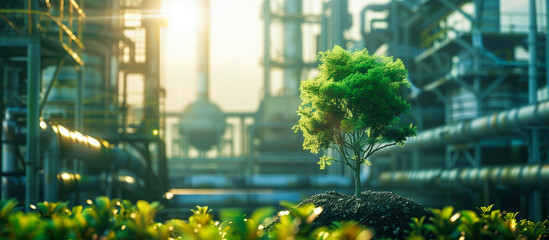 tiny lush tree with blurred industrial factory describe sustainable green concept