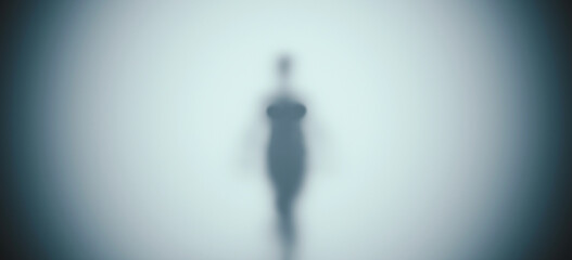 Black paranormal female figure floating fog frosted glass horror Halloween silhouette 3d illustration render digital rendering