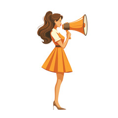 A woman speaks into a loudspeaker, a horn, a flat illustration isolated on a white background