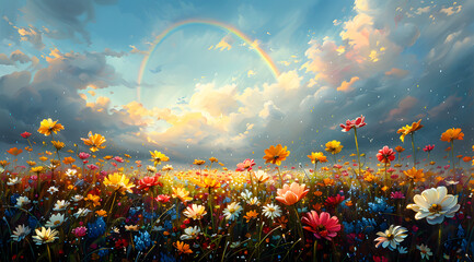Dramatic Rainfall: Oil Painting of Rain-Cleansed Daisies, Tulips, and Rainbow