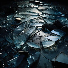 Broken glass with sharp pieces on black background.