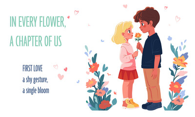 Cheerful boy gives flower to sweet blond girl. First love concept poster. Vector flat illustration