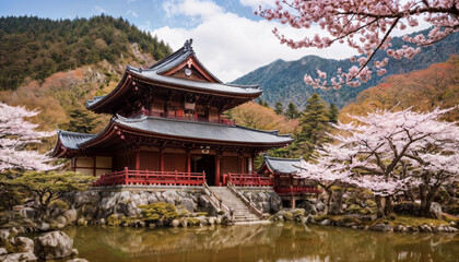 Cherry Blossoms at Serene Japanese Temple
