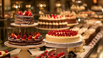 a lot of cakes lined up at the buffet