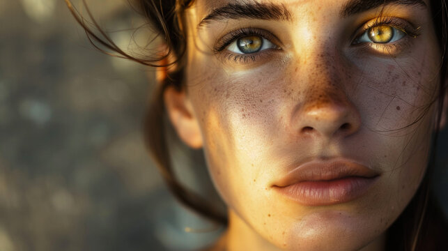 Une femme aux yeux verts et aux taches de rousseur regarde la cam&eacute;ra. Des ombres de feuillages sur son visage