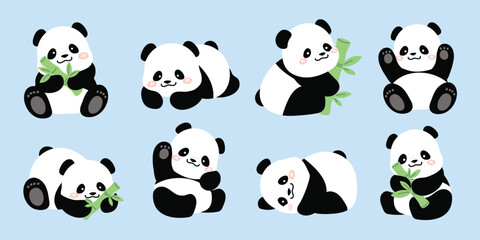 Cute Animal Panda characters set. Hand drawn wild animal cartoon design of panda in different pose, bamboo, sitting, sleeping. Adorable bear mascot illustration for sticker, clipart, education.