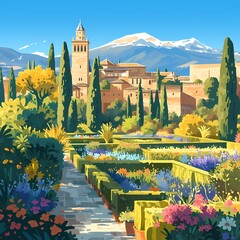 Breathtaking View: Explore the Majestic Alhambra Palace Gardens in Granada, Spain - obrazy, fototapety, plakaty