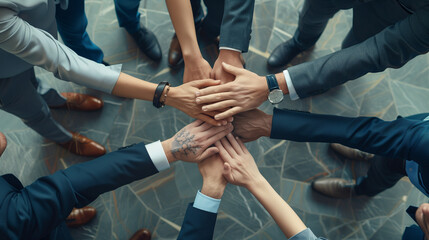 Business people putting their hands together, top view