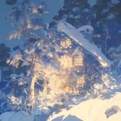 Escape the chill in this cozy winter cabin, nestled amidst snowy evergreens and glowing with soft, inviting light.