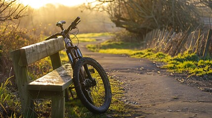 A mountain bike leans against a bench on a sunny evening on a cycle path