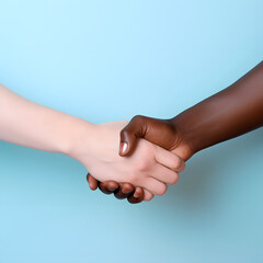 Closeup of White and Black shaking hands over a deal. No racism.