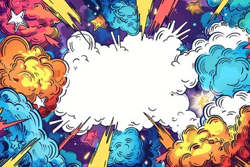 Energetic smoke frame with a hollow center, surrounded by a cartoon border. Vivid clouds, fireworks, lightning, stars, and snowflakes form the border, creating a dynamic effect