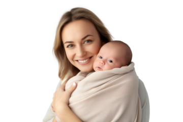 Portrait of mom holding baby with her arms isolated on transparent png background, love moment, newborn sleeping tenderly in arms, cute little infant.