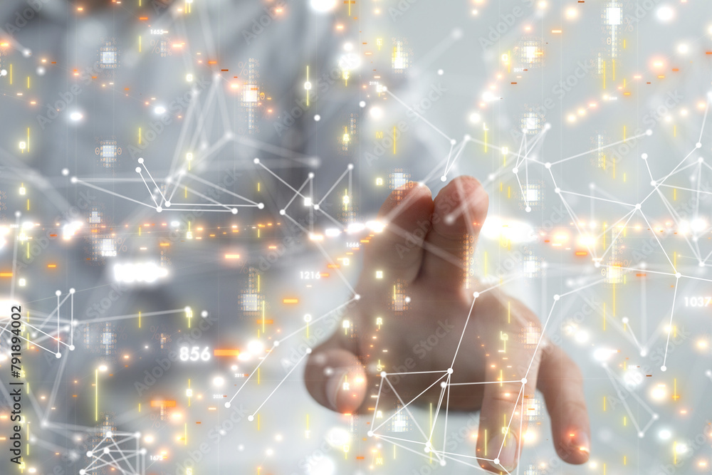 Poster Neural network 3D illustration. Big data and cybersecurity